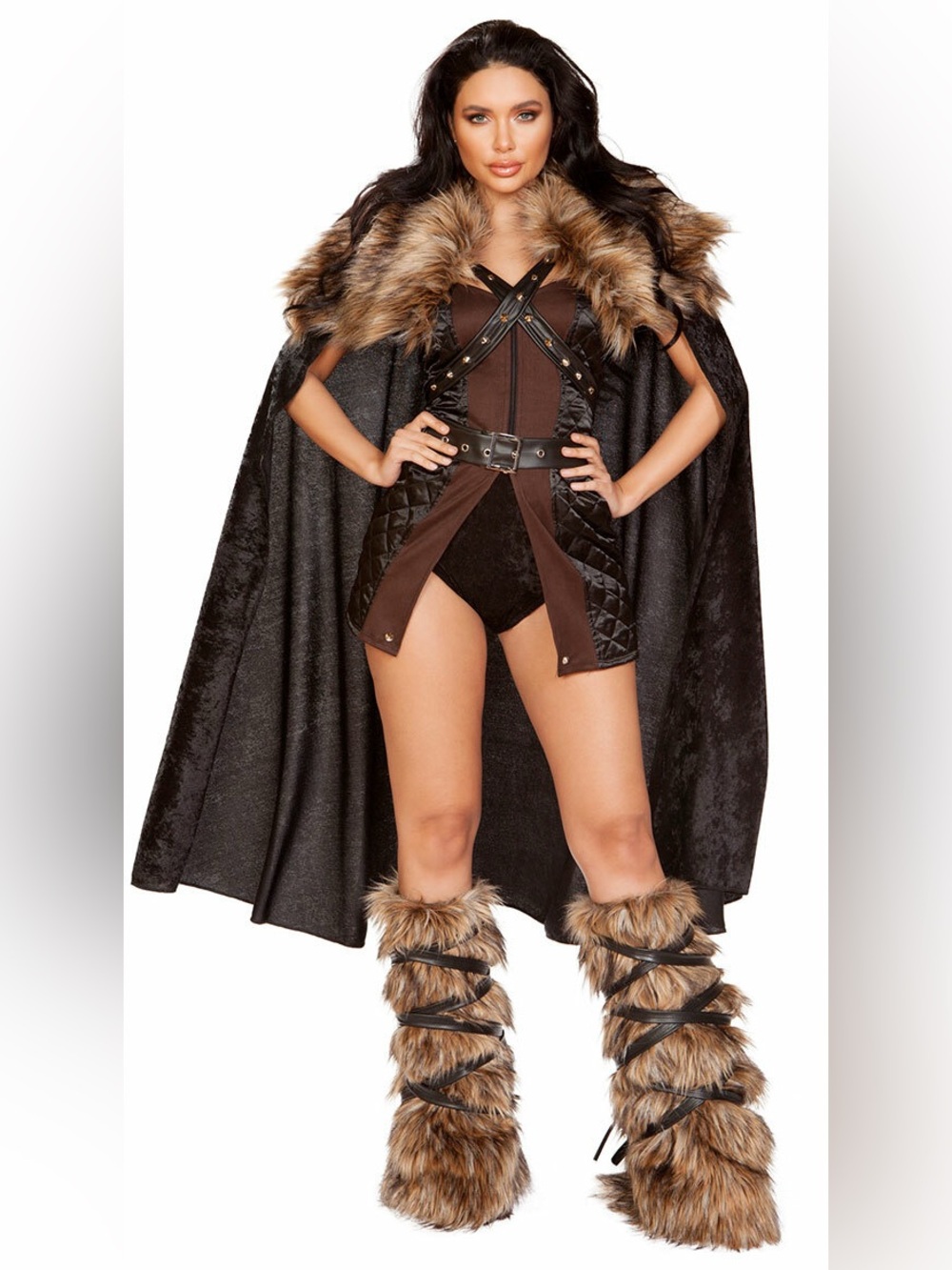 Roma Sexy Northern Warrior viking Black brown Faux Fur Costume med w leg warmers